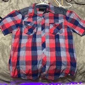 Large red blue grey (almost jean color) flannel short sleeve